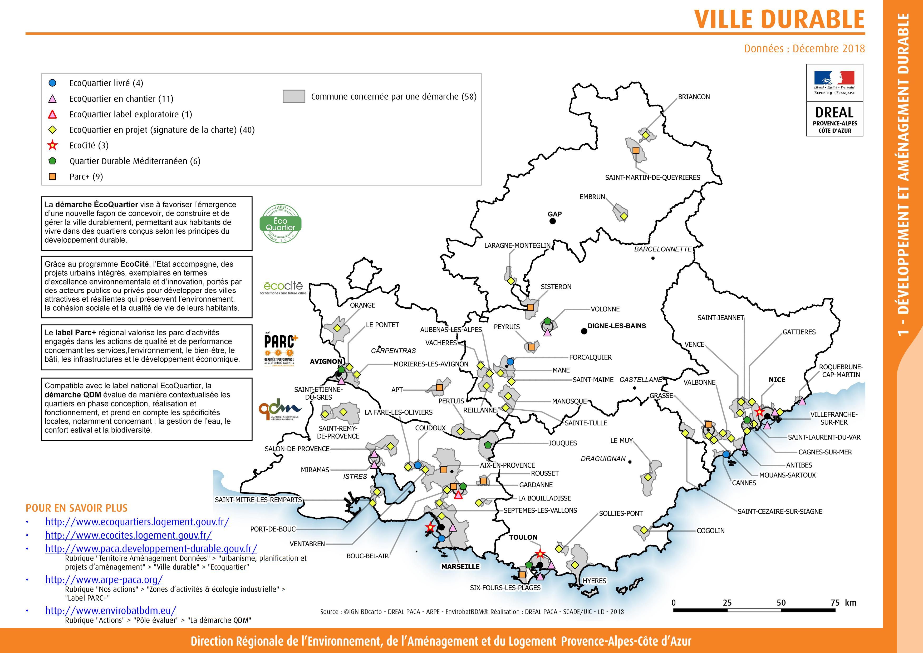 Carte des EcoQuartiers en PACA (décembre 2018)