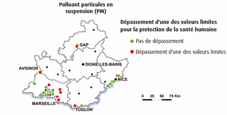 Etat de la pollution de l'air par les particules fines (PM10) (données pollution année 2012 et PPA décembre 2013 - source : Air PACA)