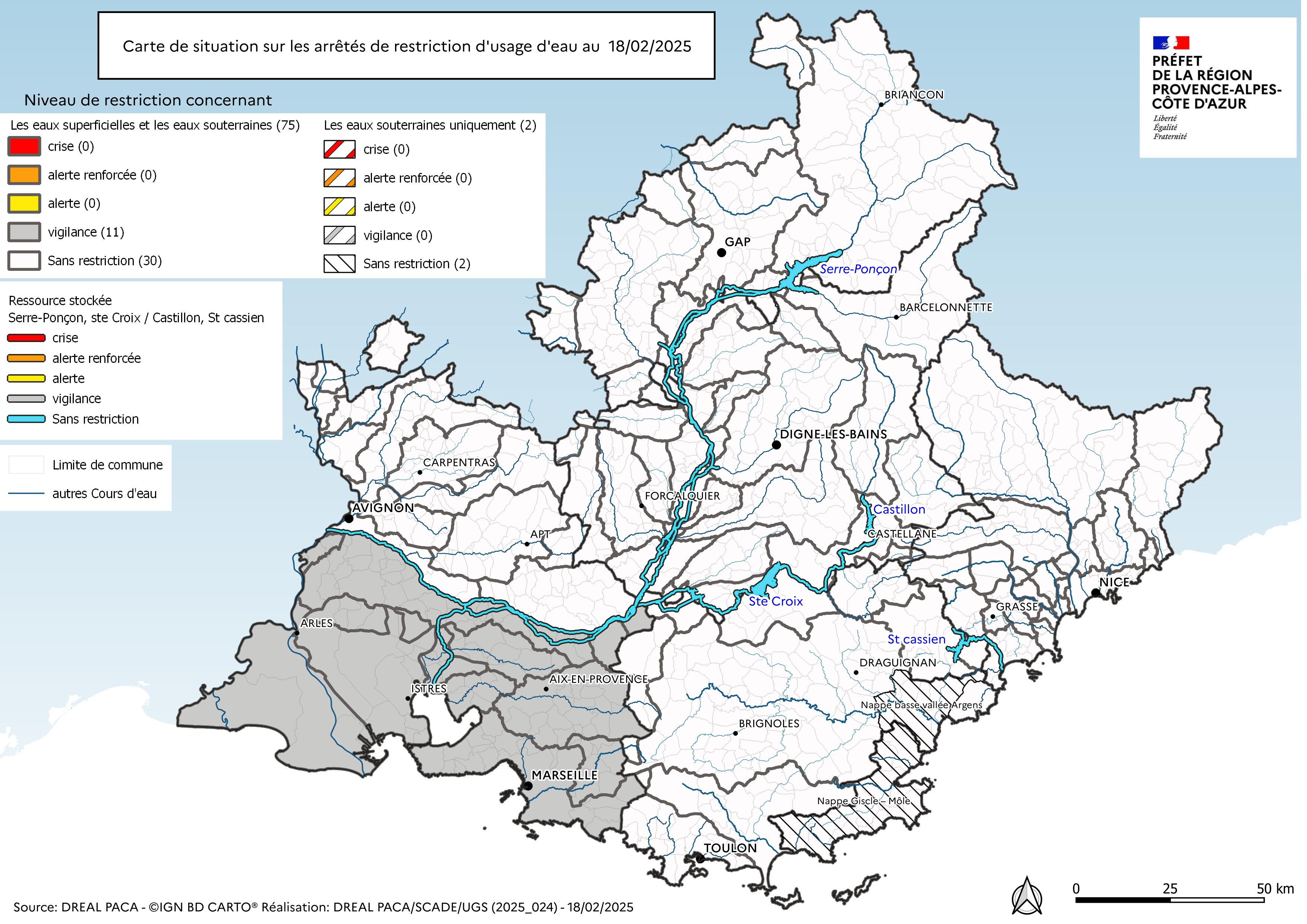 Carte régionale des états de restrictions des usages de l'eau en région PACA au 18 février 2025