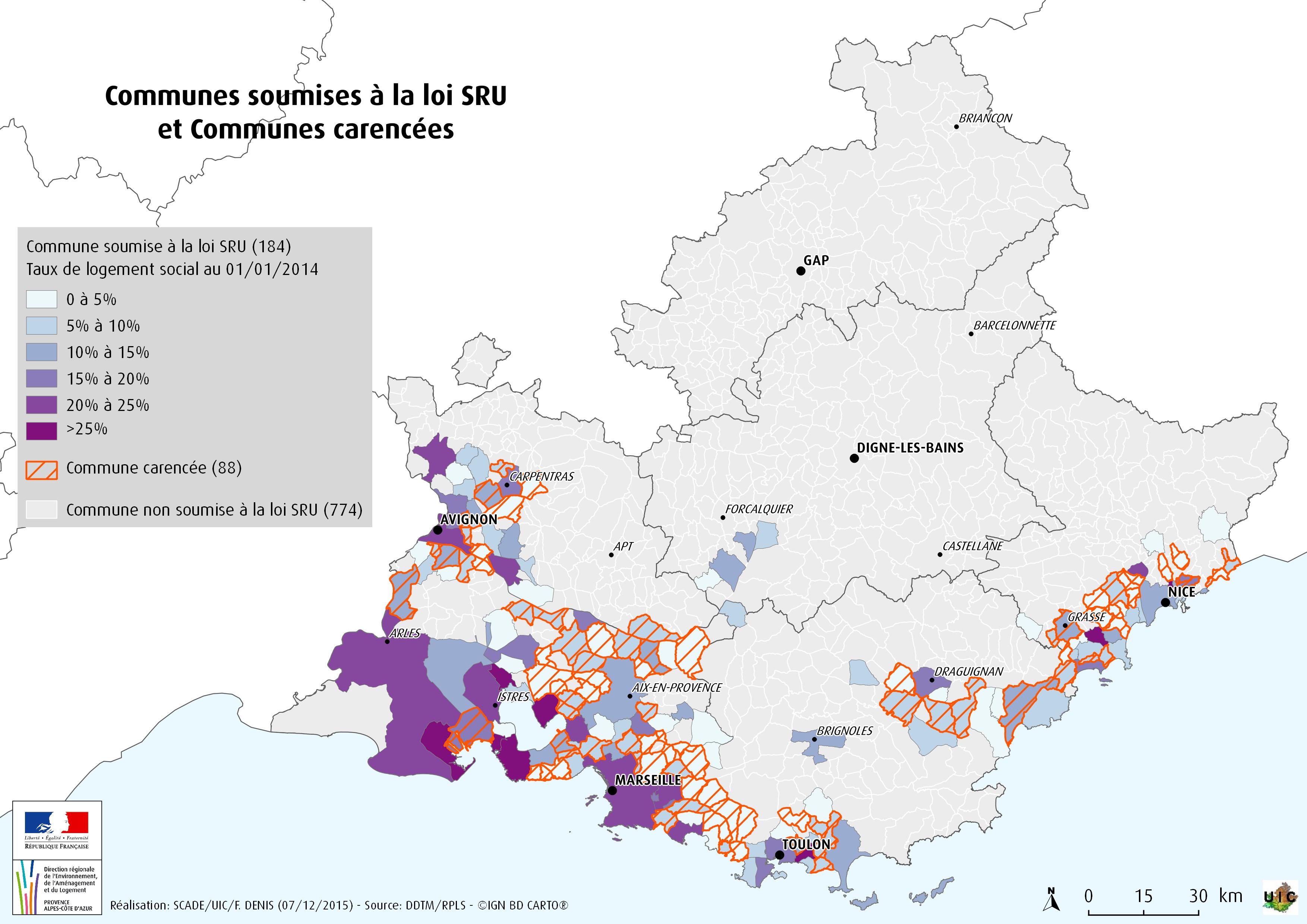 carte des communes soumises à la loi SRU en PACA avec leur taux de LLS au 01/01/2014