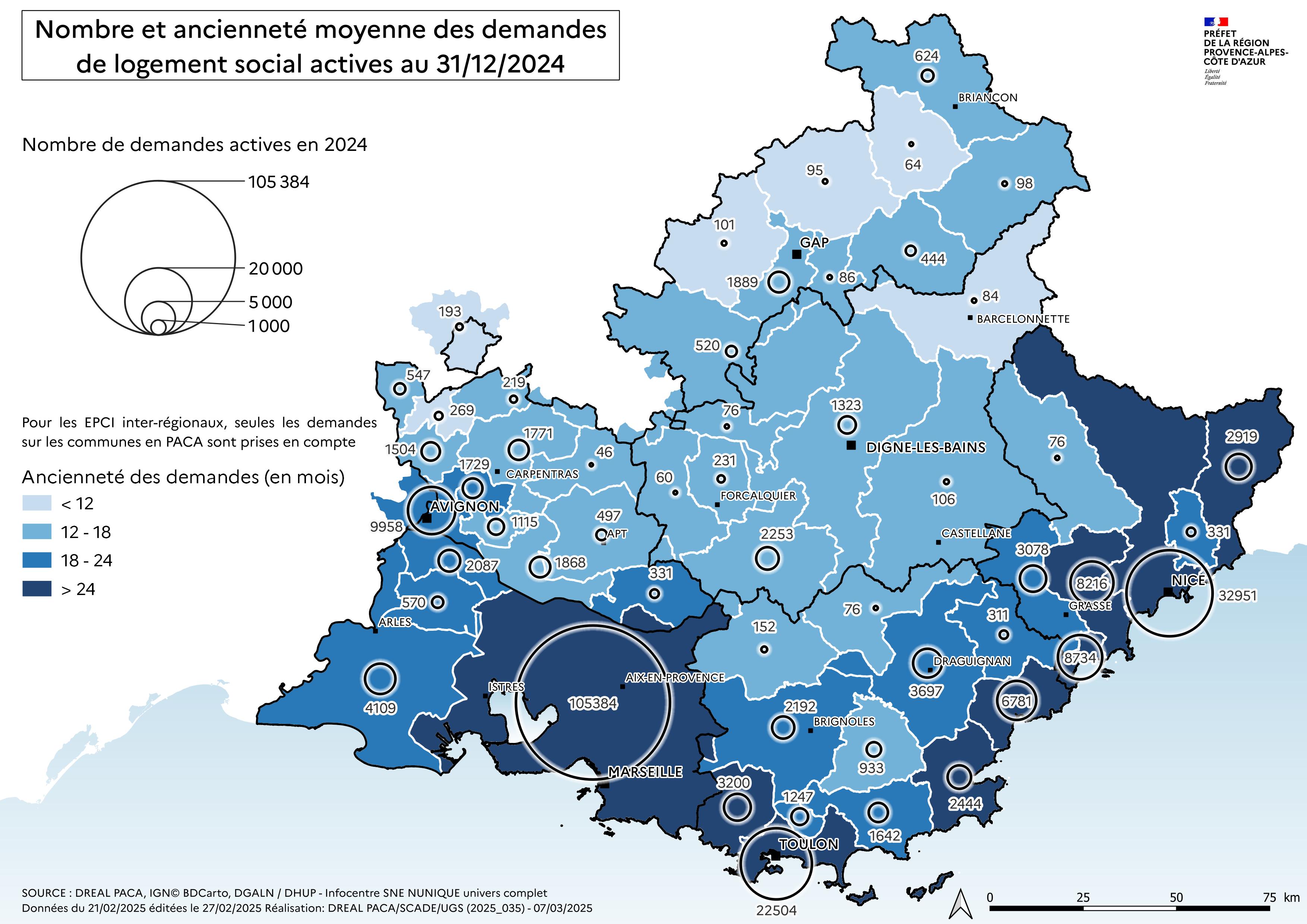 Nombre et ancienneté moyenne des demandes de logement social actives au 31/12/2024