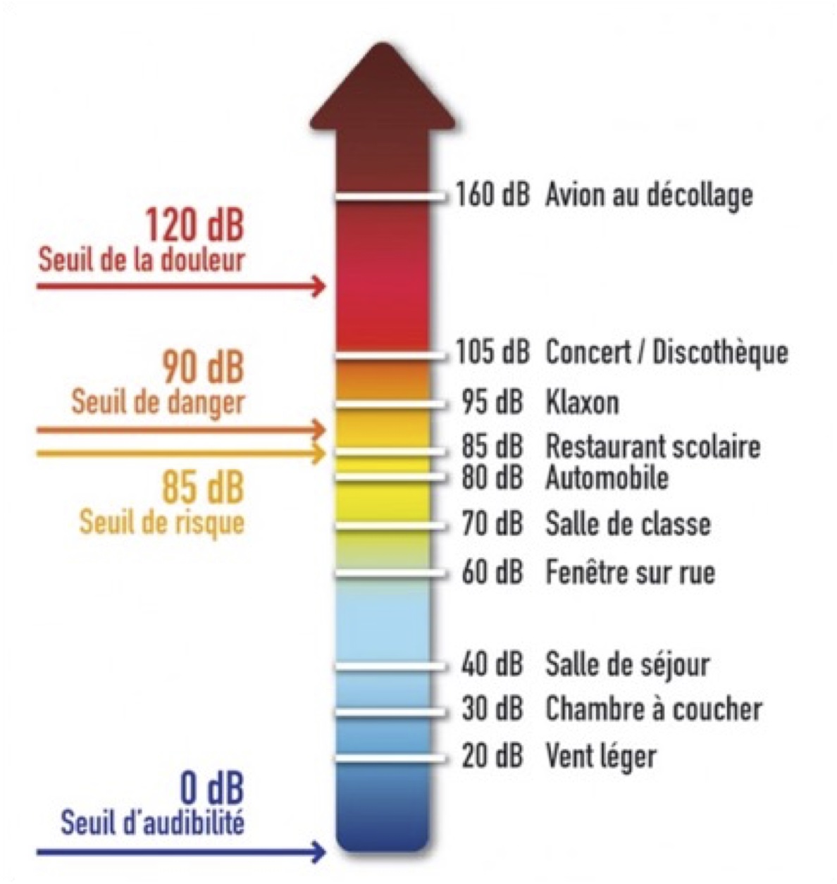 Echelle de dangerosité du bruit en fonction de la source d'exposition.