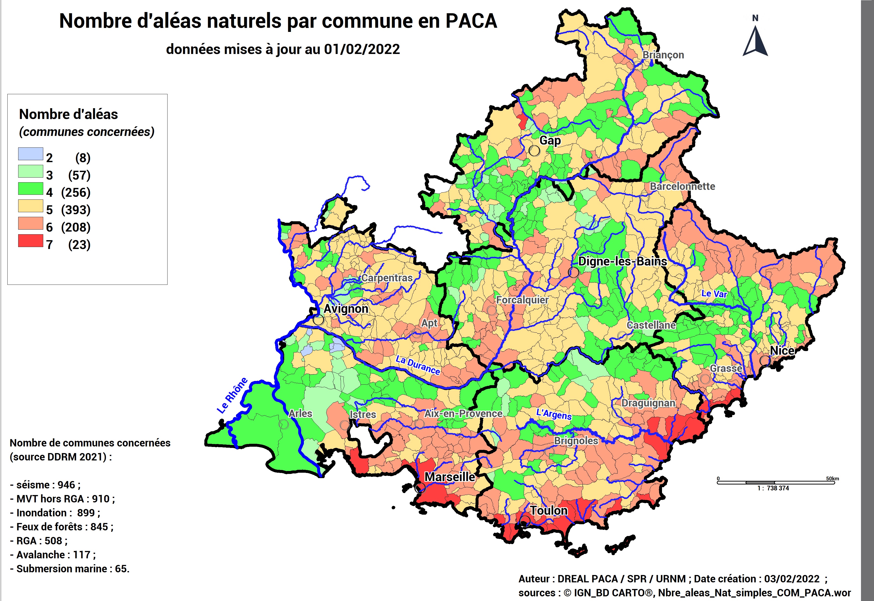 Nombre d'aléas naturels par commune au 01/02/2022 (source géorisques)
