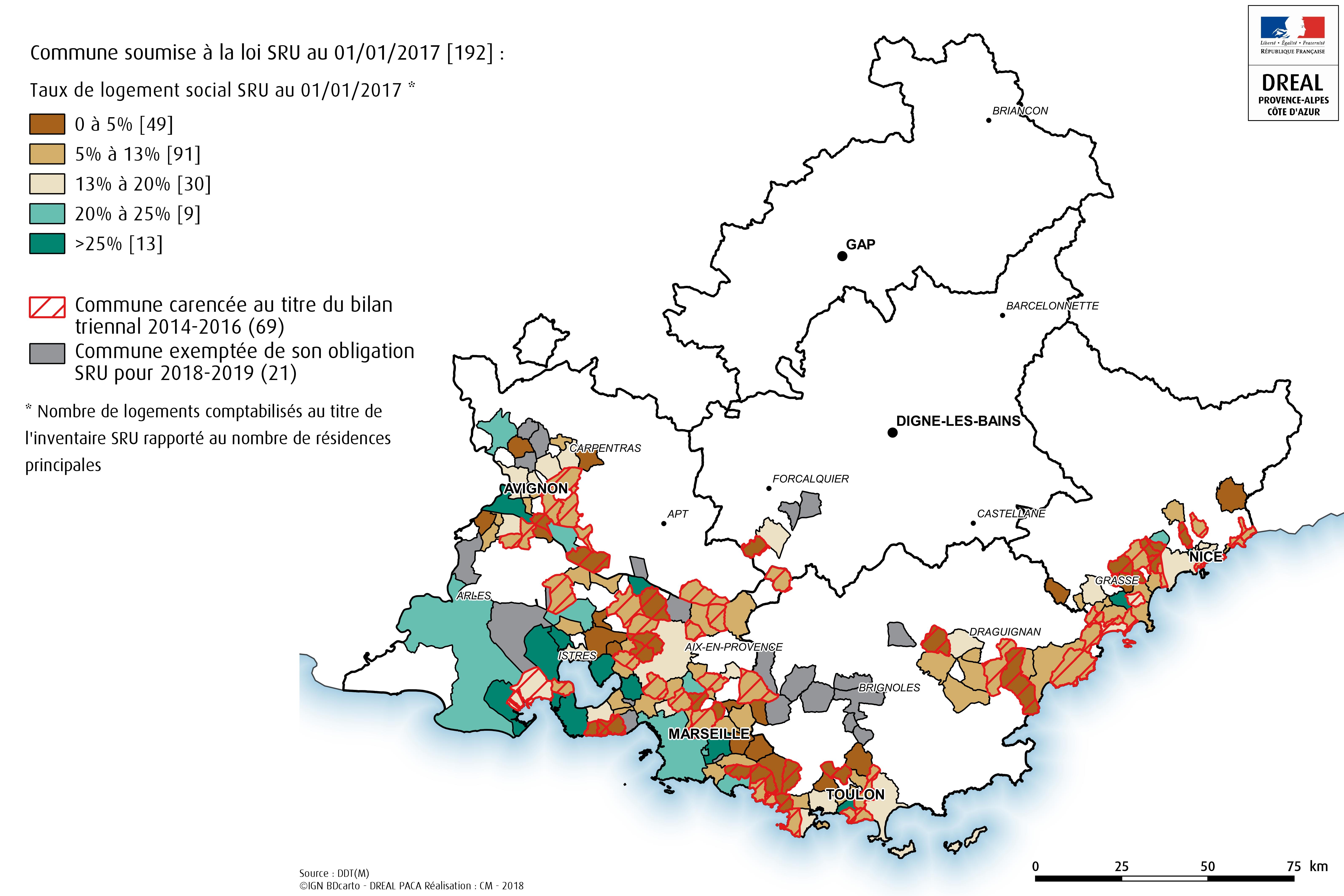 Communes soumises à la loi SRU au 1er janvier 2017