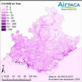 Carte des émissions de COVNM en région (Source : Air PACA)