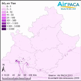 Carte des émissions de SO2 en région (Source : Air PACA)