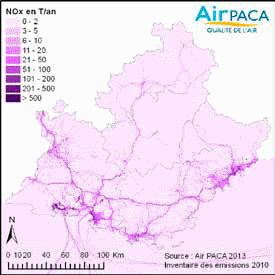 Carte des émissions de NOX en région (Source : Air PACA)