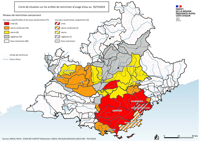 Carte régionale des états de restrictions des usages de l'eau en région PACA au 15 novembre 2023