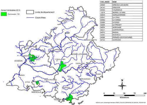 Carte des zones vulnérables Source : IGN bd carto, bdcarthage réalisation DREAL PACA M. Espinasse & C. Michel - mars 2013
